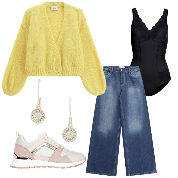 Outfit donna - Total look #2337692. Stile Casual per Tutti i giorni. Abbinamento con body, cardigans, jeans, orecchini, sneakers.