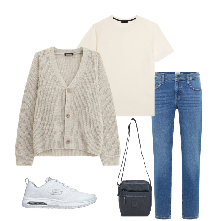 Outfit uomo - Minimalist Sand & Sky. Stile Casual per Tutti i giorni. Abbinamento con jeans bootcut, cardigans, t-shirt sportive, scarpe sportive, portafogli.