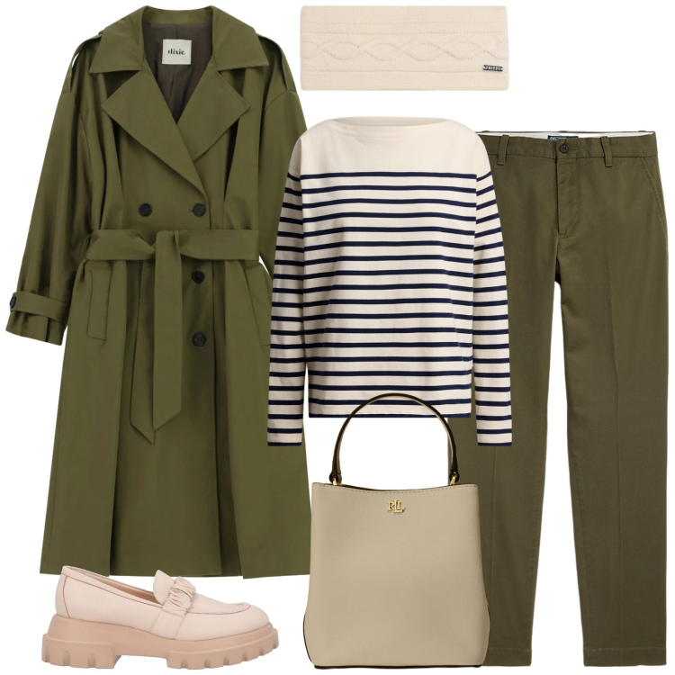 Outfit donna - Total look #2337702. Stile Casual chic per Tutti i giorni. Abbinamento con mocassini, trench, accessori per capelli, pantaloni chino, borse a secchiello, maglieria.