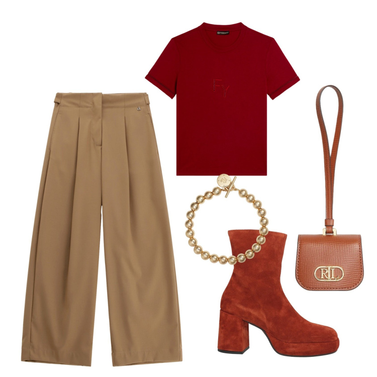 Outfit donna - Office in red. Stile Casual chic per Ufficio. Abbinamento con stivaletti, pantaloni a palazzo, t-shirt, braccialetti, pochette.
