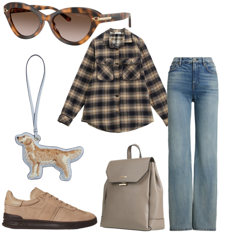 Outfit donna - Total look #2337708. Stile Casual chic per Tutti i giorni. Abbinamento con zaini, camicie, jeans, occhiali da sole, sneakers, portachiavi.