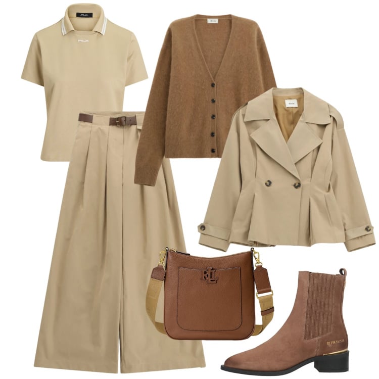 Outfit donna - Layering febbraio. Stile Trendy per Tutti i giorni. Abbinamento con stivaletti chelsea, polo, borse a tracolla, blazer, pantaloni a palazzo, cardigans.