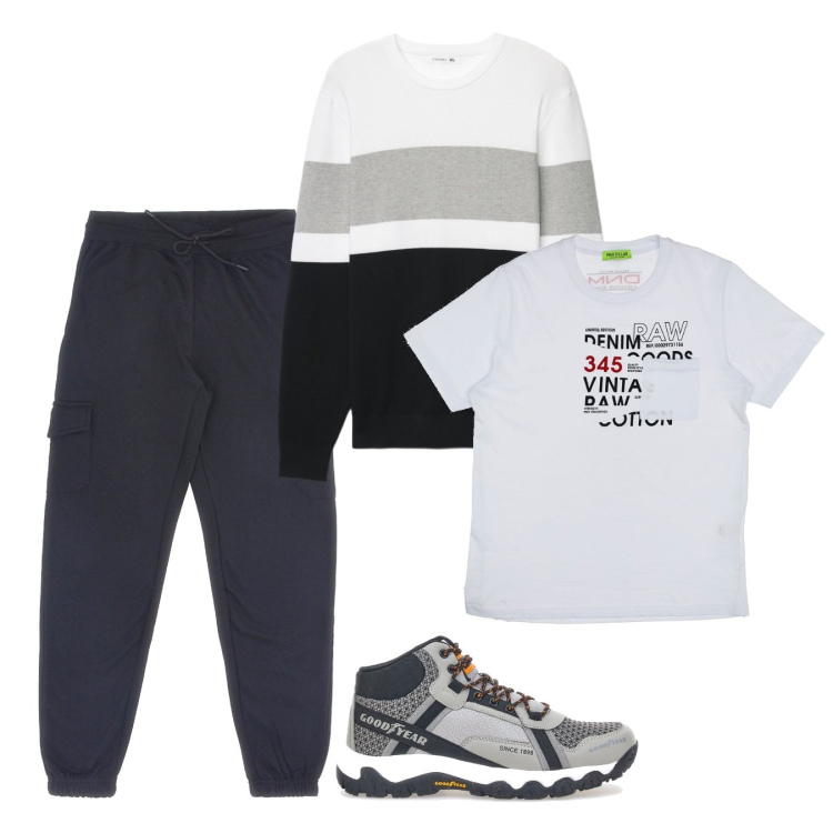 Outfit uomo - Febbraio. Stile Casual per Tutti i giorni. Abbinamento con maglieria, t-shirt, pantaloni cargo, stivali e stivaletti.