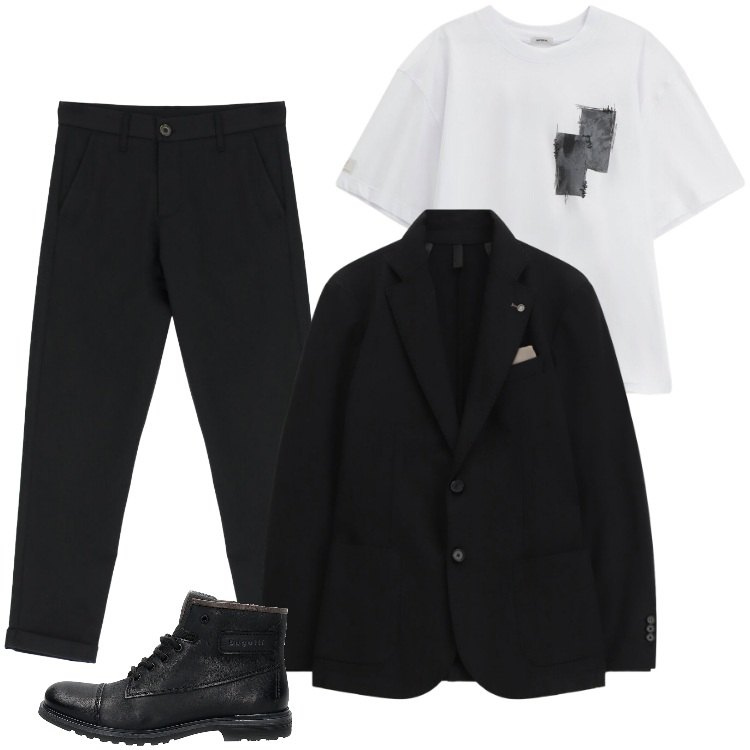 Outfit uomo - Total look #2337741. Stile Trendy per Serata speciale. Abbinamento con giacche, pantaloni, t-shirt, anfibi.