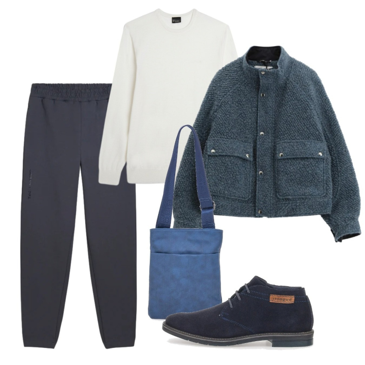 Outfit uomo - Febbraio sporty. Stile Casual per Tutti i giorni. Abbinamento con bomber, pantaloni, maglieria, scarpe stringate, portafogli.