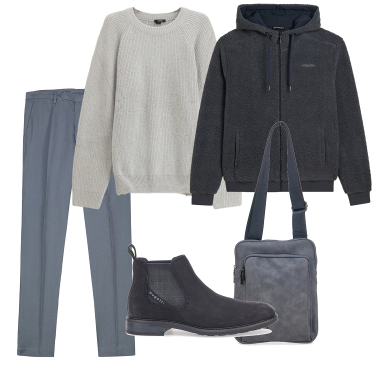 Outfit uomo - Febbraio moon. Stile Casual per Tutti i giorni. Abbinamento con maglieria, felpe con cappuccio, stivali e stivaletti, portafogli, pantaloni.