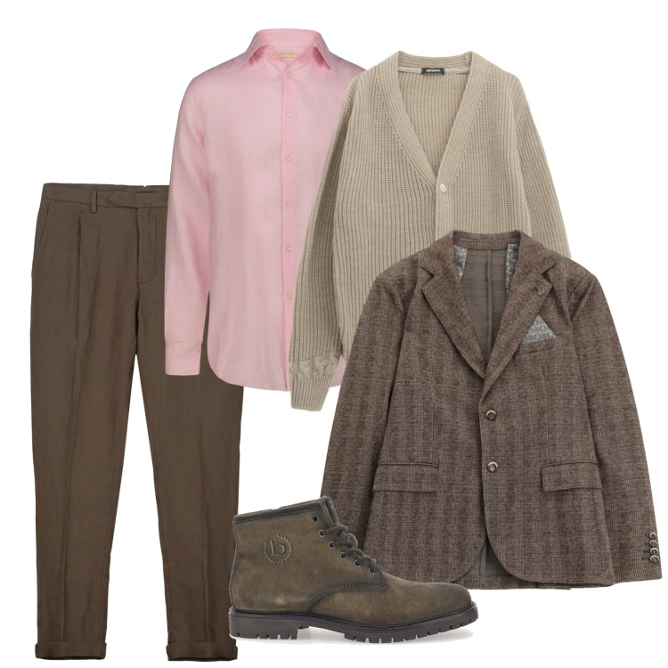 Outfit uomo - Febbraio in rosa e marrone. Stile Trendy per Tutti i giorni. Abbinamento con cardigans, giacche, pantaloni, stivali e stivaletti, camicie.