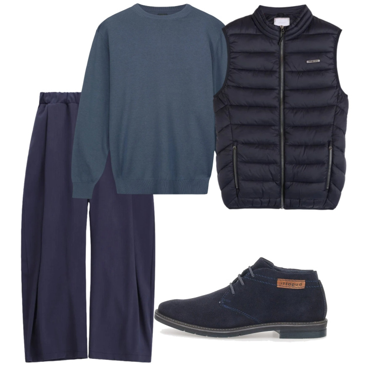 Outfit uomo - Febbraio blu. Stile Casual per Tutti i giorni. Abbinamento con pantaloni, piumini, scarpe stringate, maglieria.