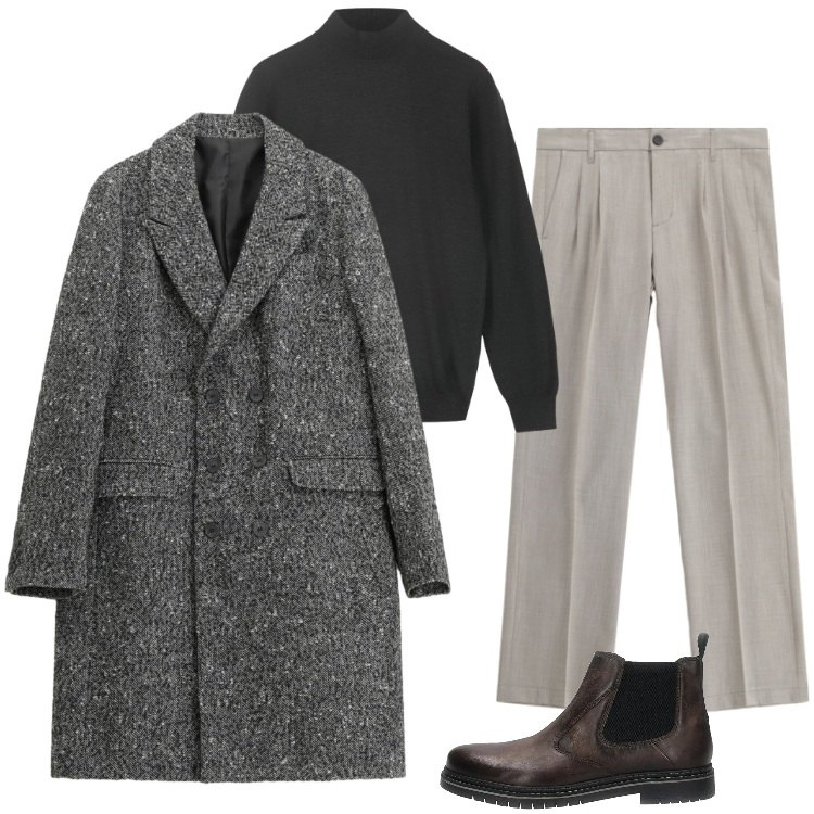 Outfit uomo - Total look #2337748. Stile Casual per Ufficio. Abbinamento con cappotti, pantaloni, pullovers, stivali e stivaletti.