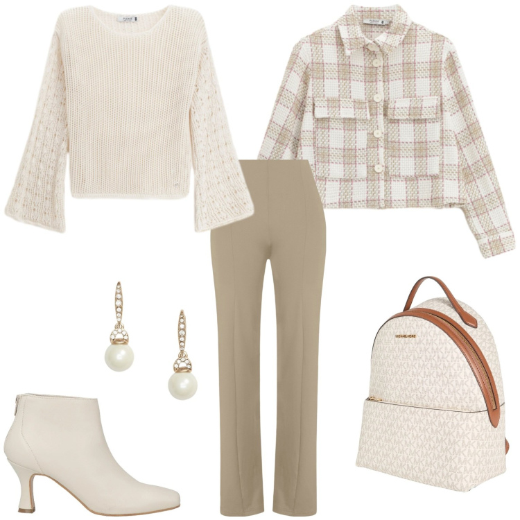 Outfit donna - Toni chiari e delicati. Stile Casual per Tutti i giorni. Abbinamento con stivaletti, zaini, maglieria, cappotti, pantaloni skinny, orecchini.