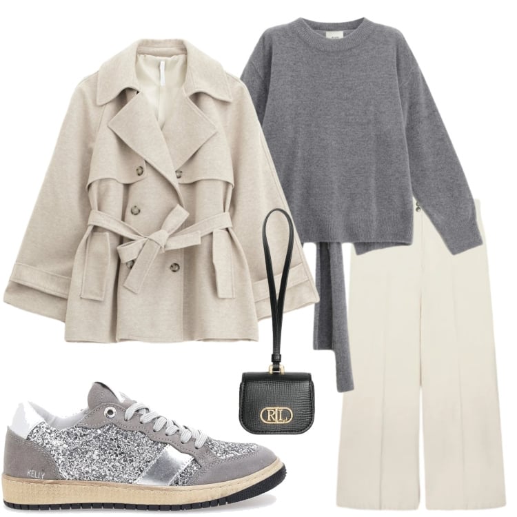 Outfit donna - Casual raffinato. Stile Casual chic per Tutti i giorni. Abbinamento con pantaloni chino, trench, pochette, maglieria, sneakers.