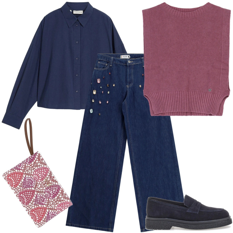 Outfit donna - Casual a febbraio. Stile Casual per Tutti i giorni. Abbinamento con camicie, maglieria, jeans, pochette, mocassini.