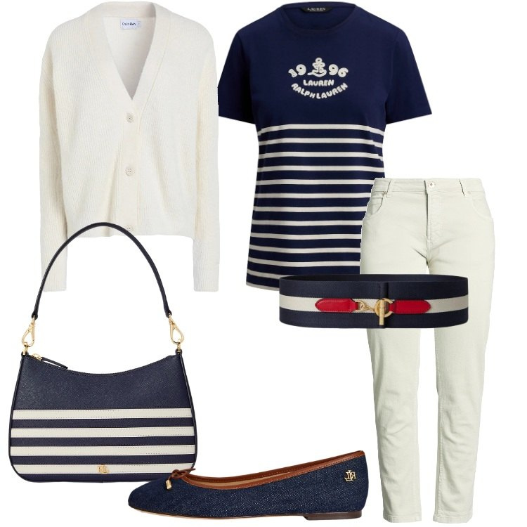 Outfit donna - Marinière Style. Stile Bon Ton per Tutti i giorni. Abbinamento con cardigans, pantaloni, t-shirt, ballerine, borse a spalla, cinture.