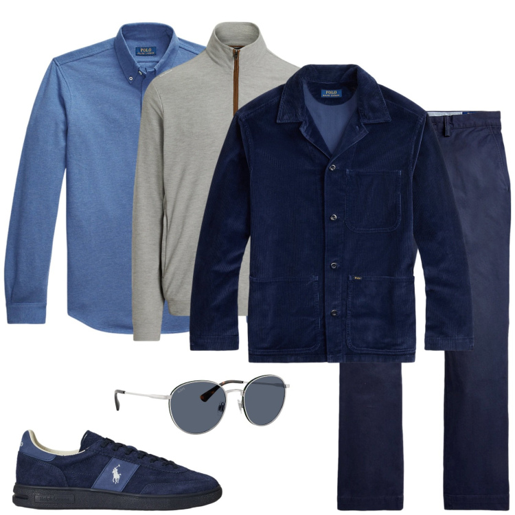 Outfit uomo - In blu. Stile Casual per Tutti i giorni. Abbinamento con pantaloni, giacche, sneakers, occhiali da sole, pullovers, camicie.