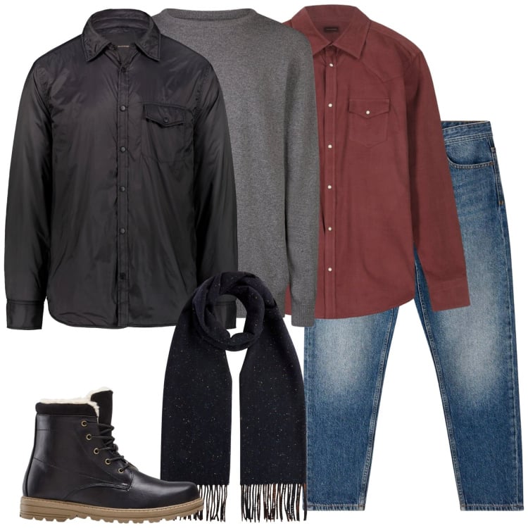 Outfit uomo - Stratificazione. Stile Trendy per Tutti i giorni. Abbinamento con stivali e stivaletti, jeans, giacche, camicie, maglieria, sciarpe.