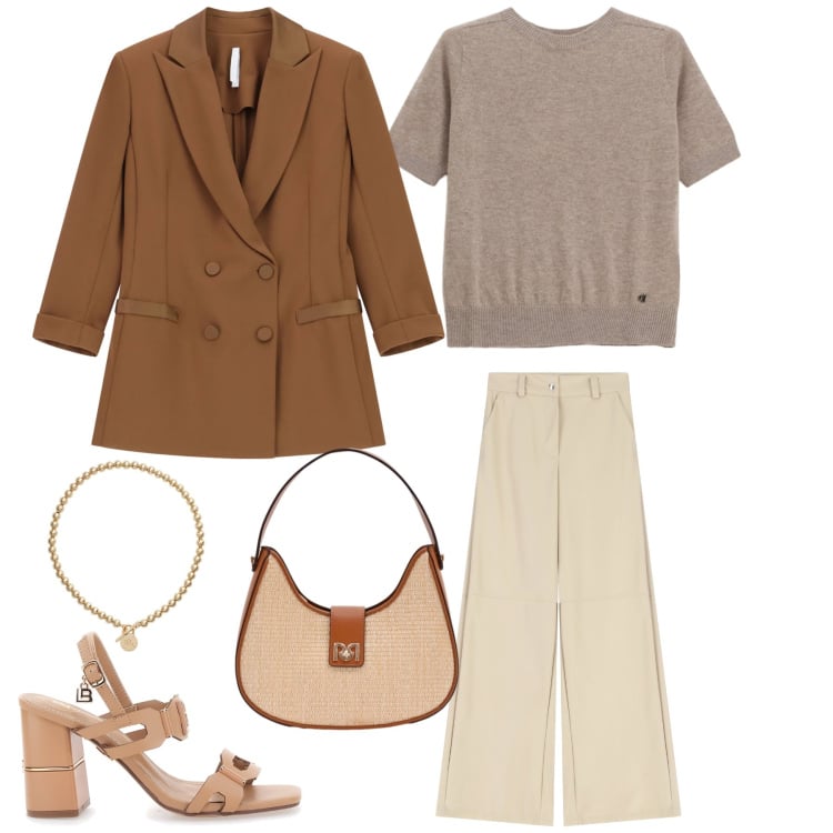 Outfit donna - Golden Hour Tailoring. Stile Urban per Tutti i giorni. Abbinamento con borse a spalla, blazer, collane, maglieria, pantaloni a palazzo, sandali col tacco.