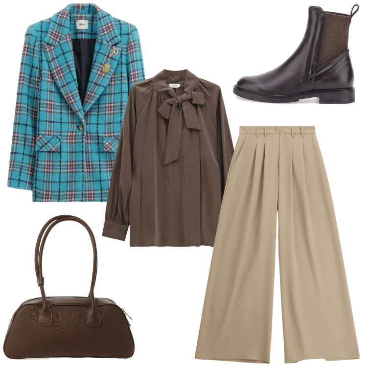 Outfit donna - Stile British. Stile Casual per Tutti i giorni. Abbinamento con bluse, borse a mano, blazer, pantaloni a palazzo, stivaletti chelsea.