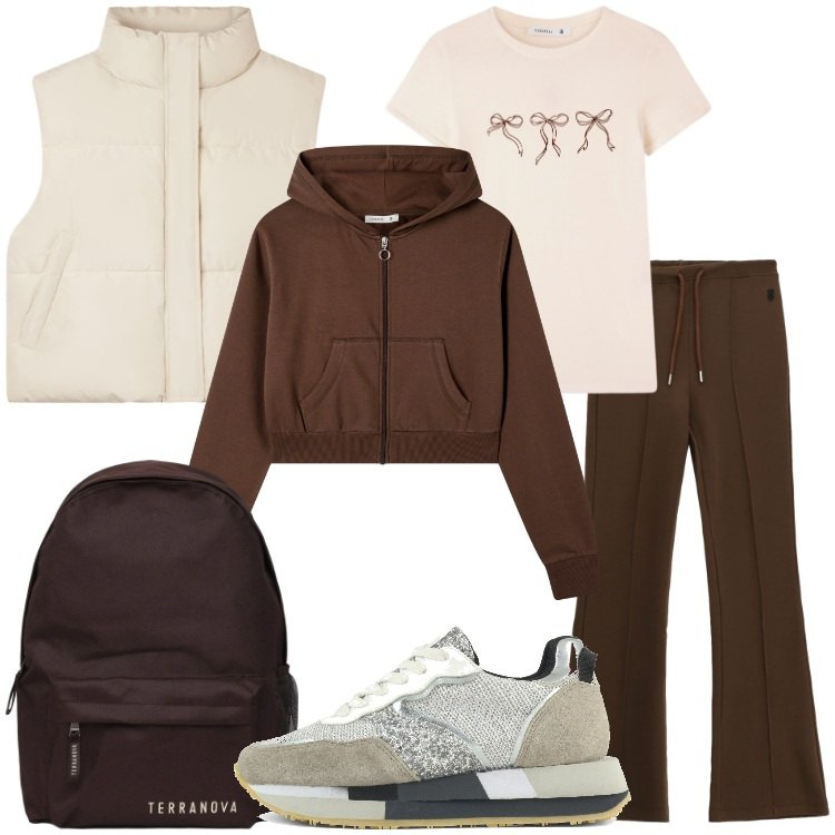 Outfit donna - Panna e cioccolato. Stile Casual per Scuola/Università. Abbinamento con zaini, t-shirt, piumini, felpe con cappuccio, pantaloni sportivi, sneakers.