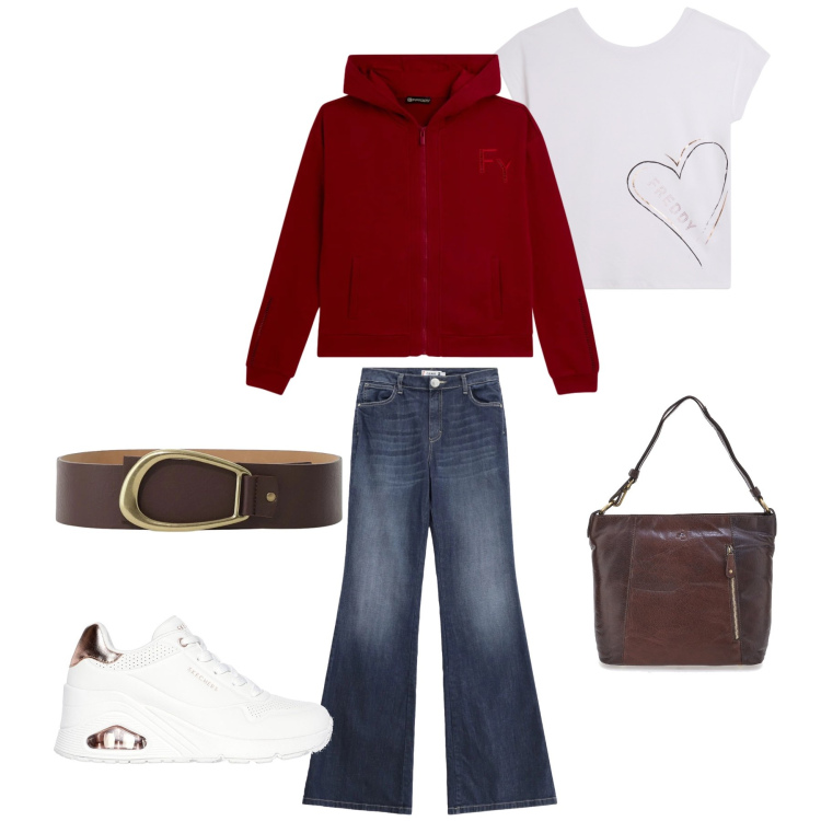 Outfit donna - Urban Chic in Bordeaux. Stile Trendy per Tutti i giorni. Abbinamento con cinture, jeans a zampa, t-shirt, felpe con cappuccio, borse a spalla, sneakers alte.