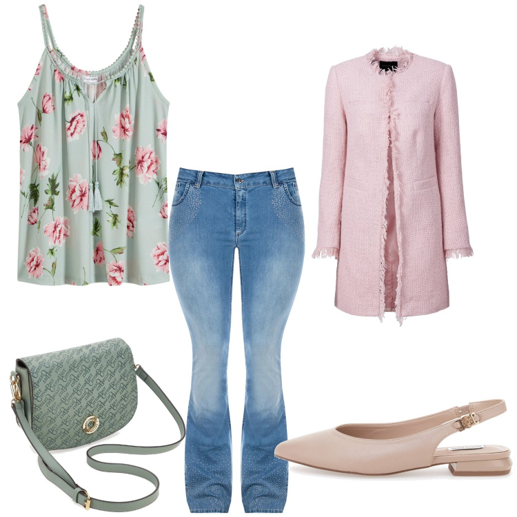 Outfit donna - Aria di primavera. Stile Casual chic per Tutti i giorni. Abbinamento con blazer, top, jeans a zampa, ballerine, borse a tracolla.