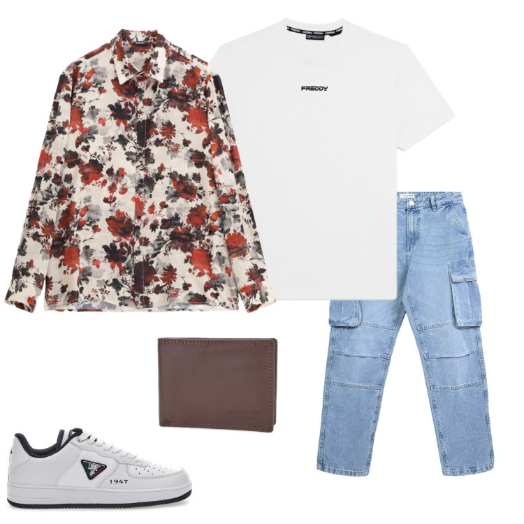 Outfit uomo - Boho-Street Casual. Stile Trendy per Tutti i giorni. Abbinamento con jeans, camicie, t-shirt, sneakers, portafogli.