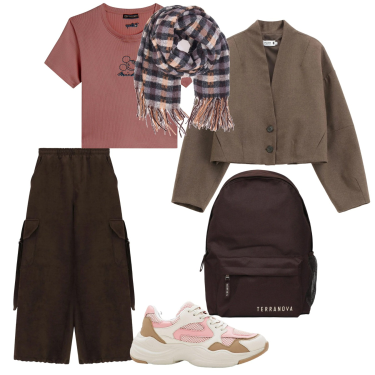 Outfit donna - In campagna. per Tutti i giorni. Abbinamento con sneakers, zaini, pantaloni a palazzo, t-shirt, blazer, sciarpe.