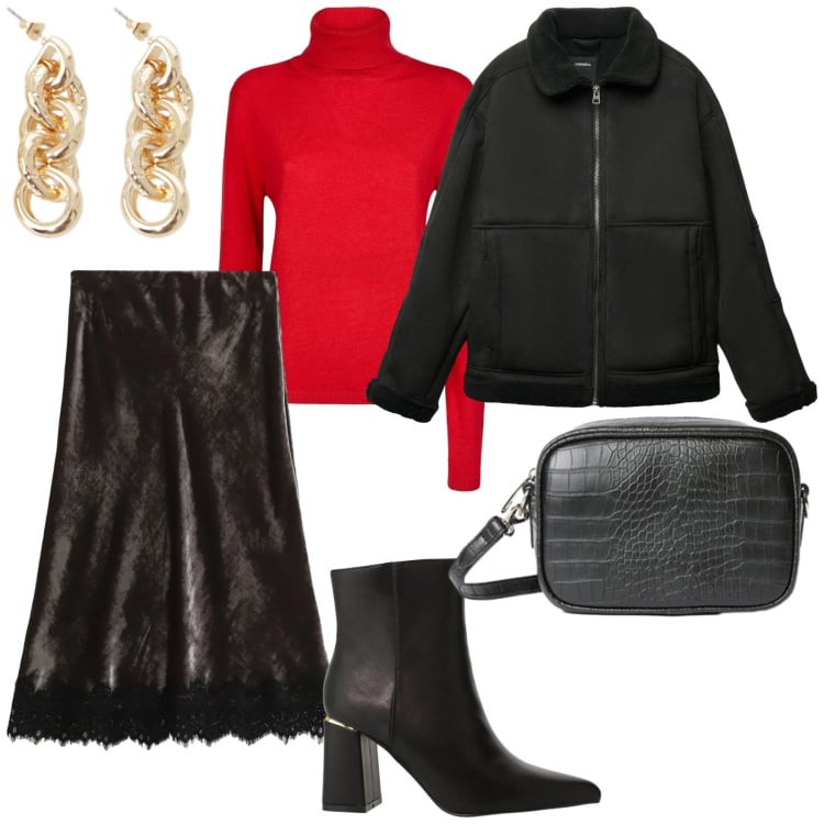 Outfit donna - Rosso mania. per Tutti i giorni. Abbinamento con borse a tracolla, giacche, stivaletti, gonne lunghe, orecchini, maglieria.