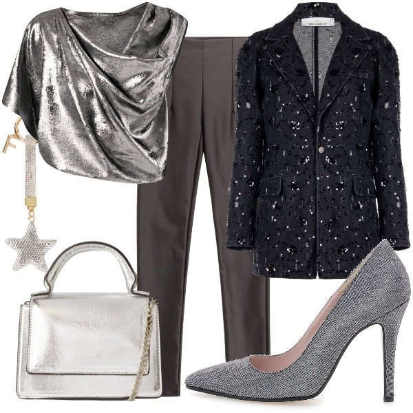Outfit donna - Polvere di Stelle. Stile Chic per Serata fuori. Abbinamento con borse a tracolla, portachiavi, pantaloni, blazer, bluse, décolleté.