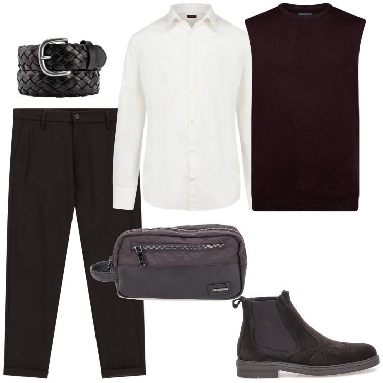 Outfit uomo - Total look #2337816. Stile Casual per Ufficio. Abbinamento con pantaloni, camicie, gilet, borse sportive, cinture, stivali e stivaletti.