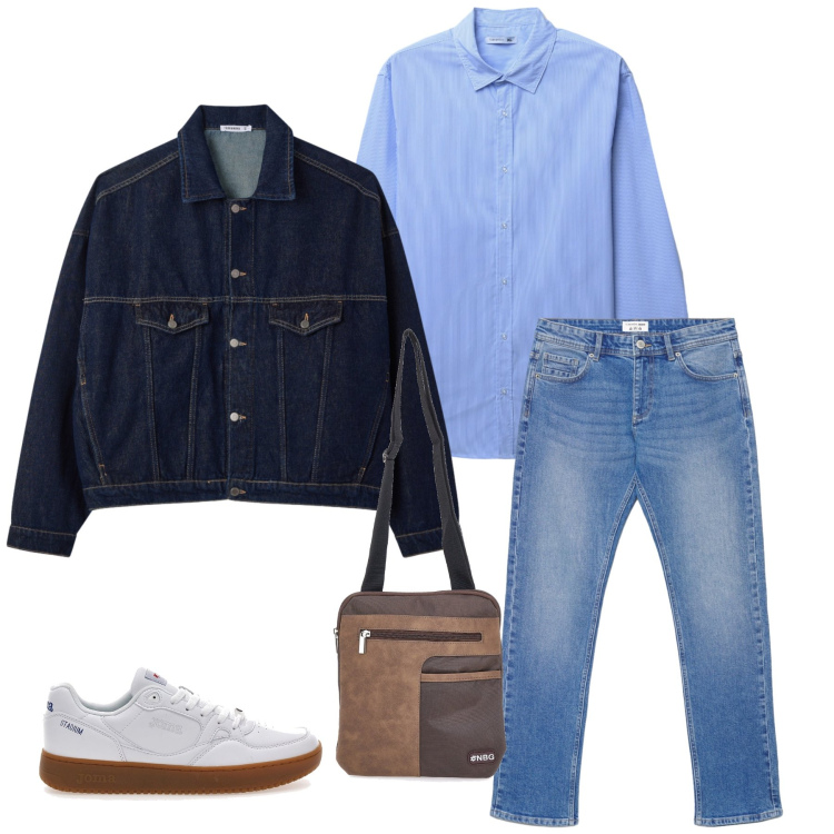 Outfit uomo - Denim on Denim Revival. Stile Casual per Tutti i giorni. Abbinamento con camicie, cappotti, jeans, borse sportive, sneakers.