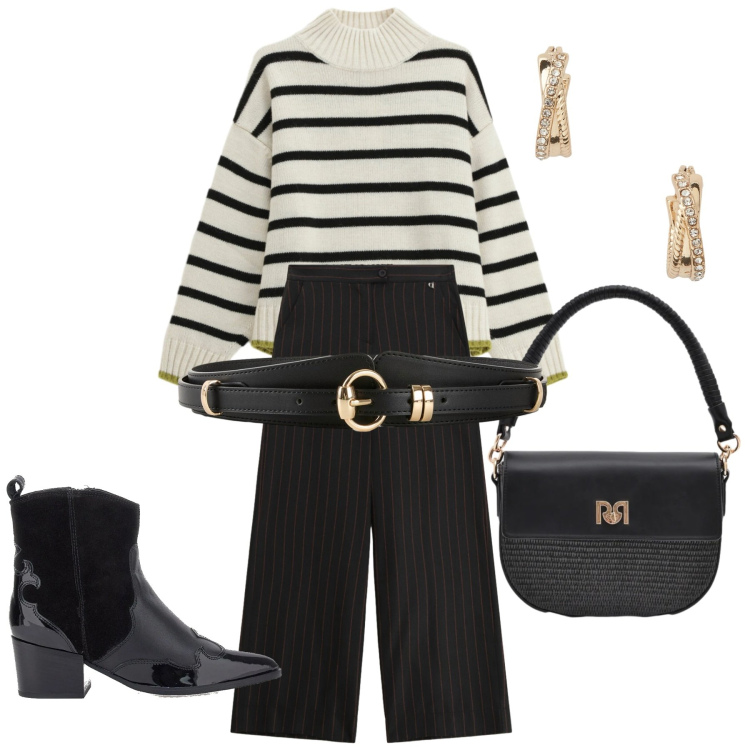 Outfit donna - Total look #2337825. Stile Casual chic per Ufficio. Abbinamento con cinture, maglieria, pantaloni a palazzo, borse a spalla, orecchini, stivaletti texani.