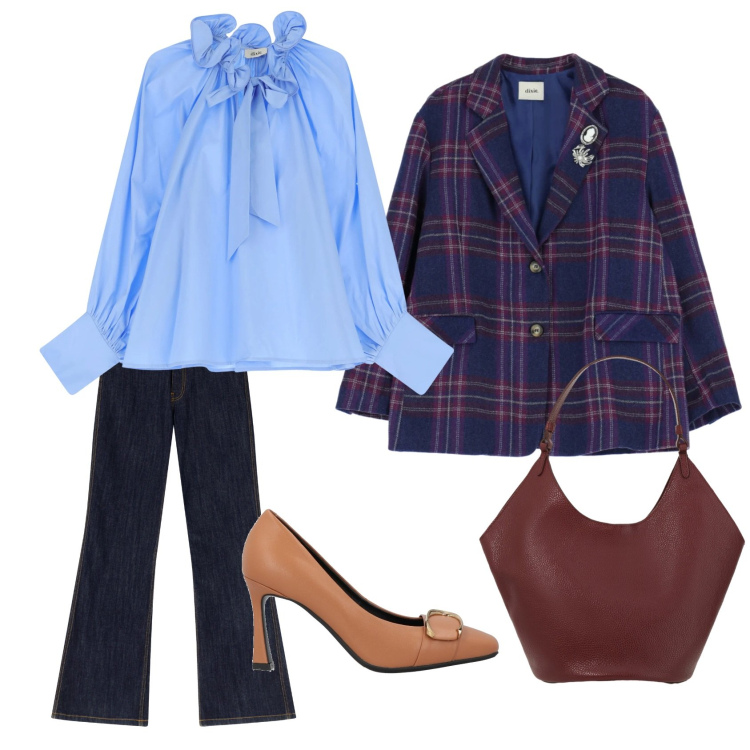 Outfit donna - A lavoro coi tacchi. Stile Casual chic per Ufficio. Abbinamento con décolleté, jeans a zampa, blazer, borse a spalla, camicie.