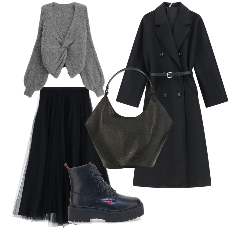 Outfit donna - La gonna di tulle versatile. Stile Casual chic per Tutti i giorni. Abbinamento con gonne lunghe, cappotti, borse a spalla, cardigans, anfibi.