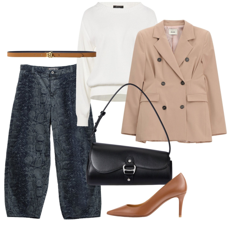 Outfit donna - Doppiopetto e balloons. Stile Chic per Tutti i giorni. Abbinamento con pullovers, blazer, jeans, borse a spalla, cinture, décolleté.