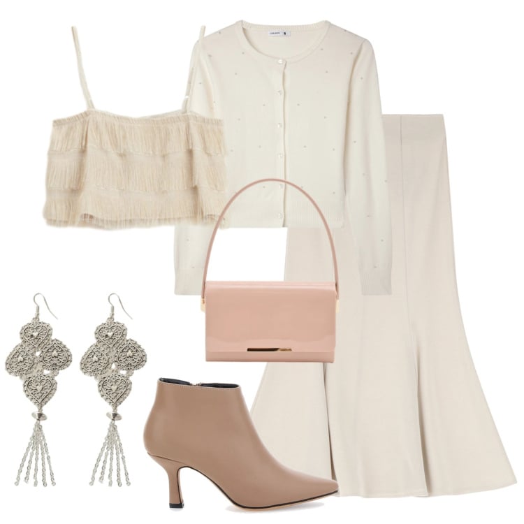 Outfit donna - Cena romantica. Stile Romantica per Serata fuori. Abbinamento con top, gonne, orecchini, cardigans, pochette, stivaletti.