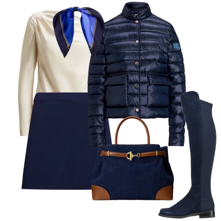 Outfit donna - Febbraio blu. Stile Bon Ton per Ufficio. Abbinamento con stivali, piumini, minigonne, bluse, borse a mano, foulard.
