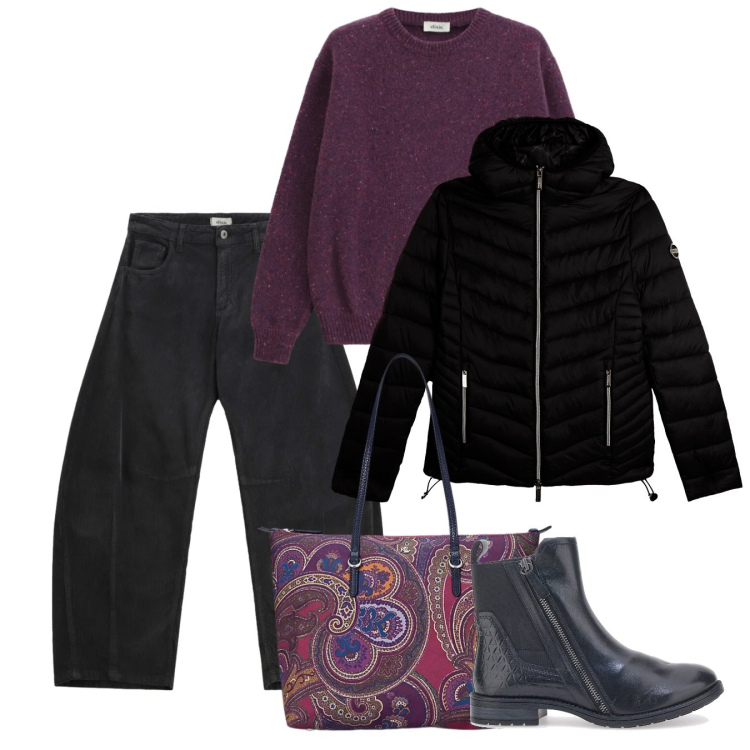 Outfit donna - Febbraio dark. Stile Urban per Tutti i giorni. Abbinamento con maglieria, pantaloni a palazzo, piumini, borse tote, stivaletti chelsea.
