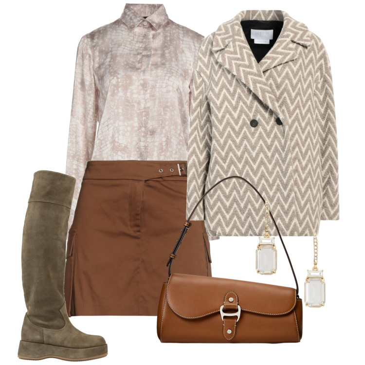 Outfit donna - Febbraio sabbia e caramello. Stile Chic per Ufficio. Abbinamento con caban, minigonne, camicie, stivali, borse a spalla, orecchini.