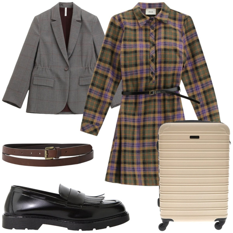 Outfit donna - Stile British in tendenza: il vestito. Stile Preppy per Tutti i giorni. Abbinamento con blazer, cinture, vestiti corti, mocassini, valigie.
