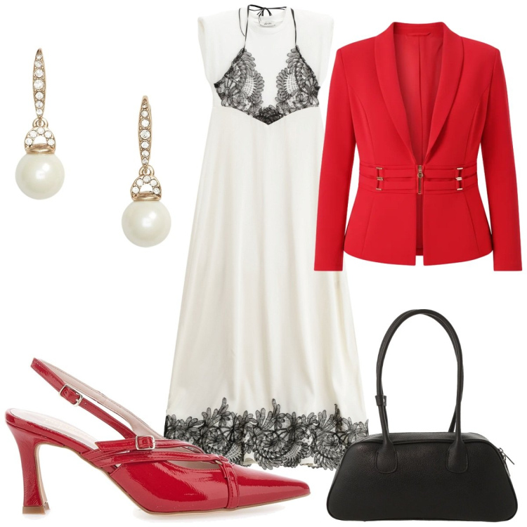 Outfit donna - Décolleté di San Valentino. Stile Trendy per Serata fuori. Abbinamento con vestiti lunghi, borse a mano, blazer, orecchini, décolleté.