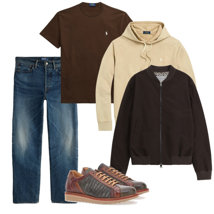 Outfit uomo - Febbraio layering. Stile Casual per Tutti i giorni. Abbinamento con bomber, felpe con cappuccio, jeans dritti, t-shirt, scarpe stringate.