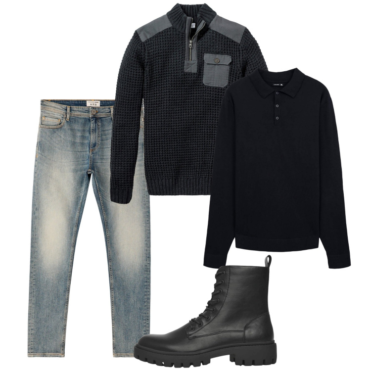 Outfit uomo - Febbraio underground. Stile Urban per Tutti i giorni. Abbinamento con maglieria, anfibi, polo, jeans skinny.