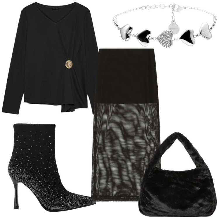 Outfit donna - Total look #2337884. Stile Glamour per Serata fuori. Abbinamento con gonne lunghe, stivaletti, t-shirt, borse a spalla, braccialetti.