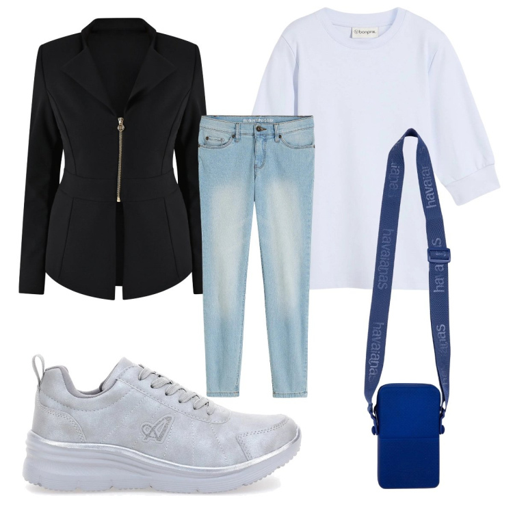 Outfit donna - Azzurro in inverno. Stile Casual chic per Ufficio. Abbinamento con jeans skinny, maglieria, blazer, borse a tracolla, sneakers.