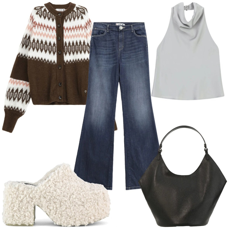 Outfit donna - Total look #2337888. Stile 70s per Tutti i giorni. Abbinamento con top, borse a spalla, jeans a zampa, cardigans, sabot.