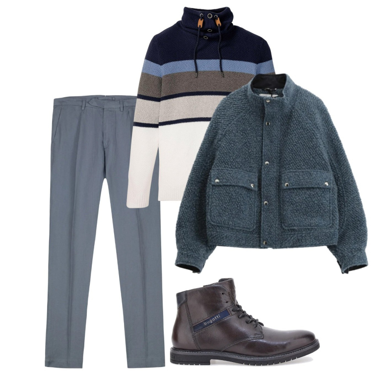 Outfit uomo - Febbraio. Stile Casual per Tutti i giorni. Abbinamento con maglieria, bomber, stivali e stivaletti, pantaloni.
