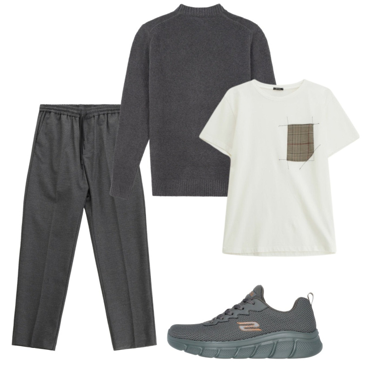 Outfit uomo - Febbraio minimal. Stile Casual per Tutti i giorni. Abbinamento con pantaloni, t-shirt, sneakers, maglieria.