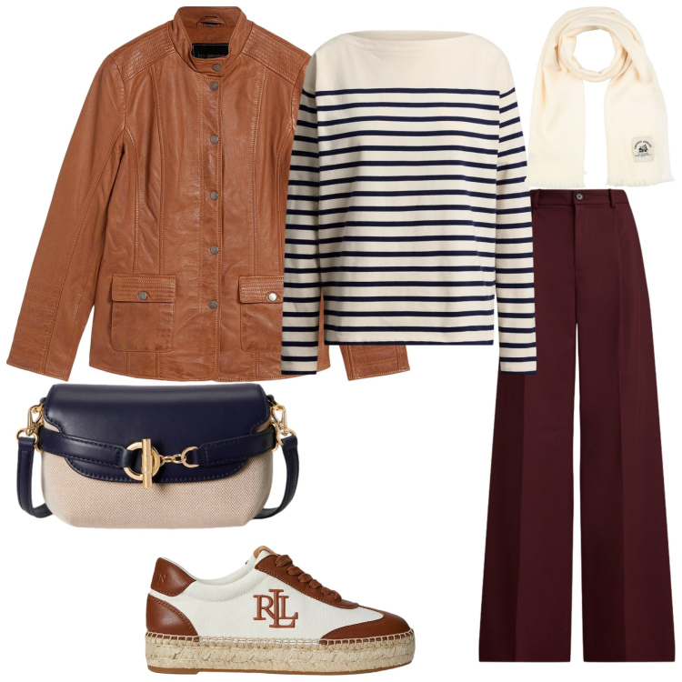 Outfit donna - Total look #2337896. Stile Casual chic per Scuola/Università. Abbinamento con sciarpe, blazer, sneakers, pantaloni, borse a tracolla, maglieria.