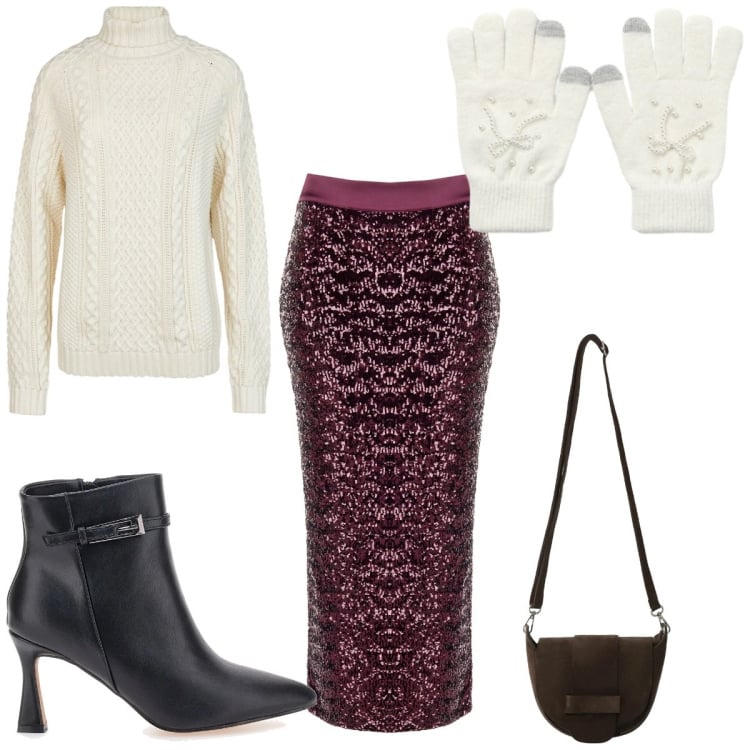 Outfit donna - Total look #2337897. Stile Glamour per Tutti i giorni. Abbinamento con gonne longuette, borse a tracolla, maglieria, guanti, stivaletti.