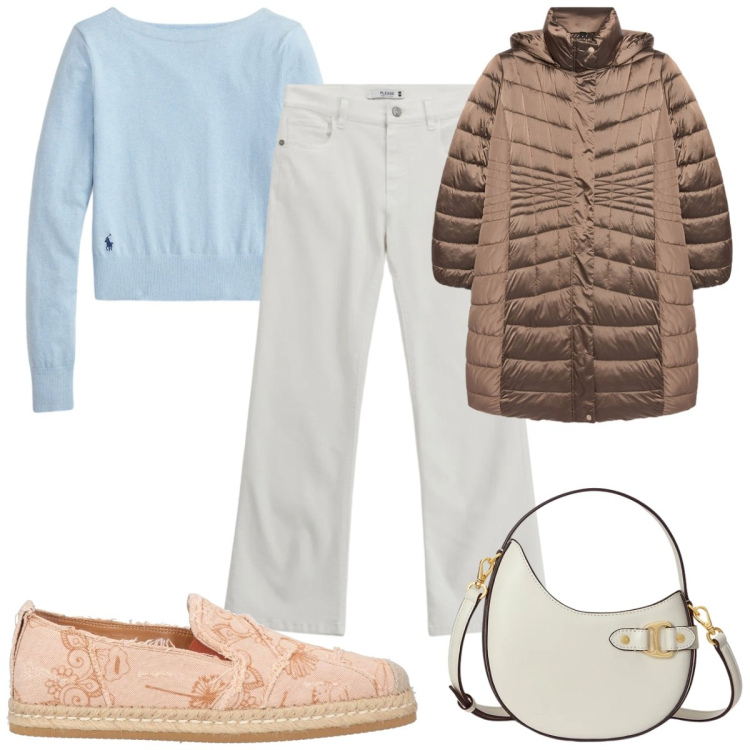 Outfit donna - Total look #2337899. Stile Trendy per Tutti i giorni. Abbinamento con espadrillas, jeans, maglieria, borse a tracolla, piumini.